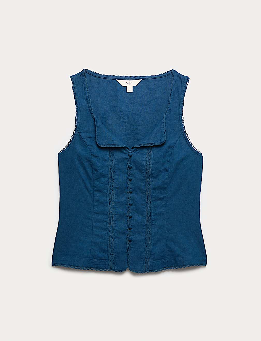 Linen Rich Lace Insert Button Detail Blouse