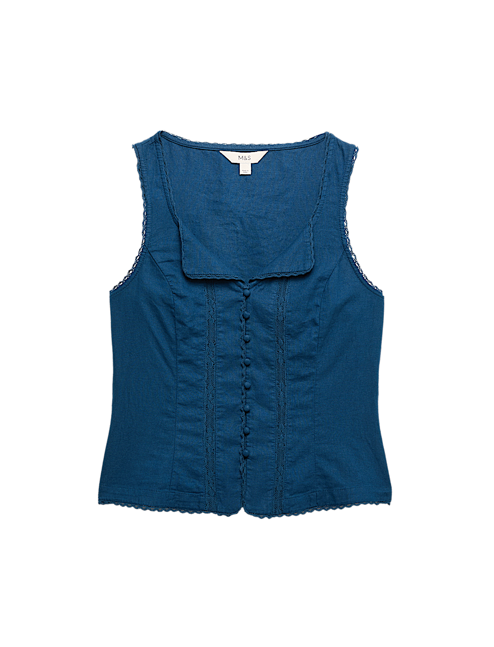 Linen Rich Lace Insert Button Detail Blouse