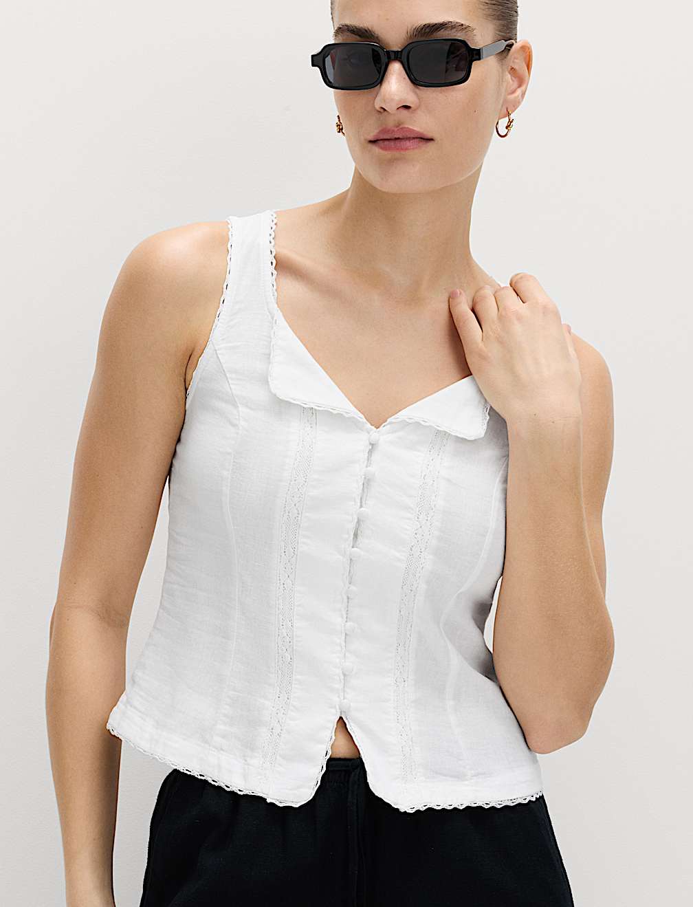 Linen Rich Lace Insert Button Detail Blouse