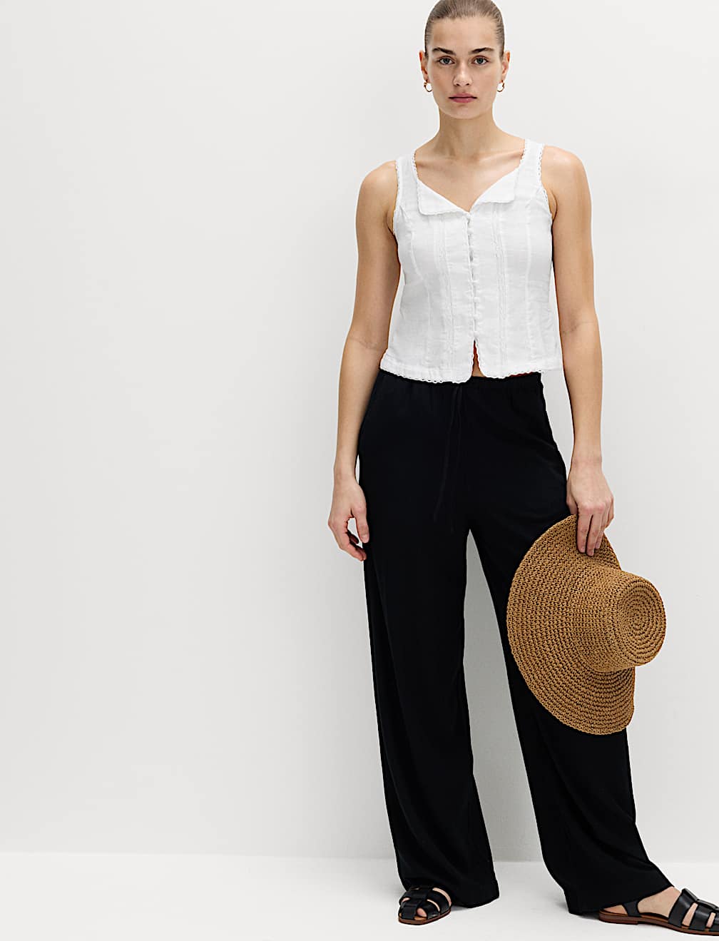 Linen Rich Lace Insert Button Detail Blouse