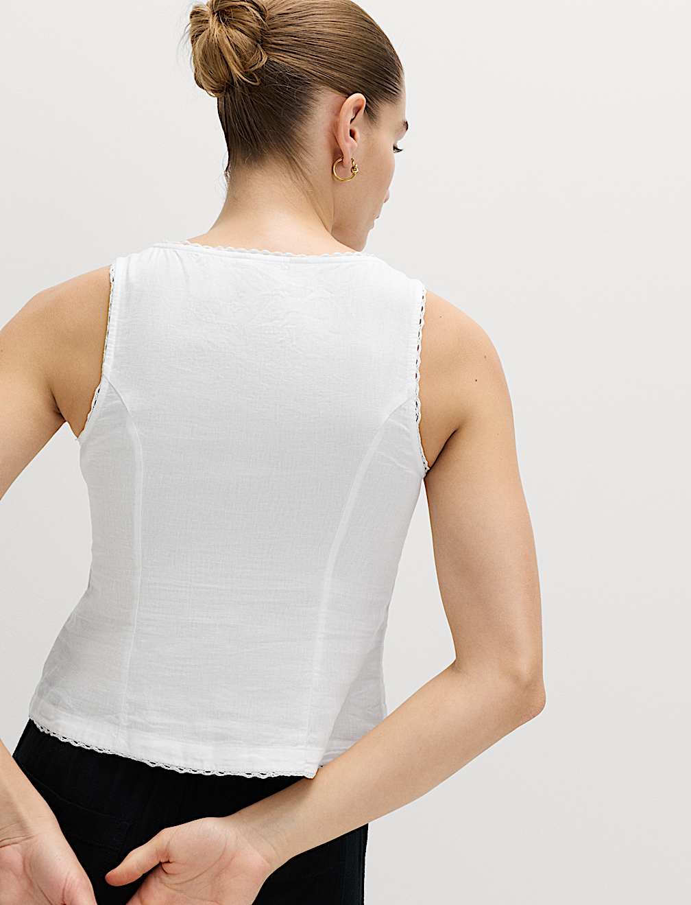 Linen Rich Lace Insert Button Detail Blouse