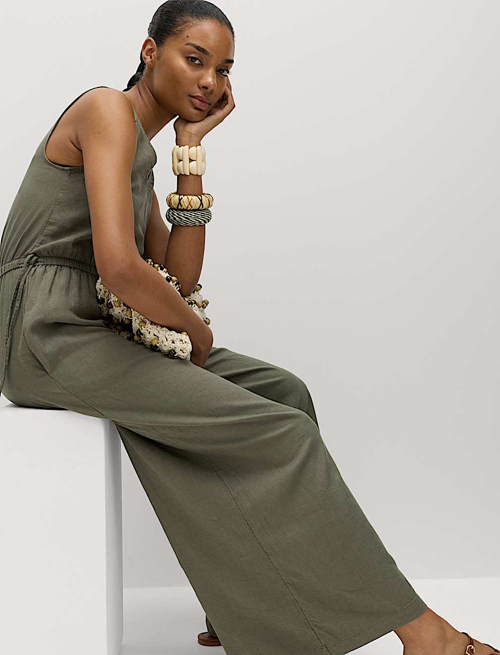 Linen Rich Tie Detail Sleeveless Jumpsuit