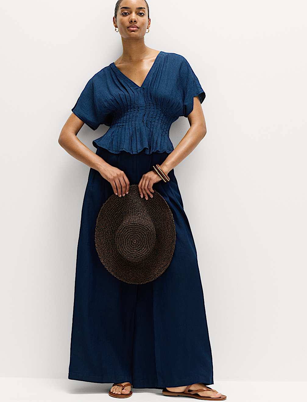 Linen Rich V-Neck Waisted Top