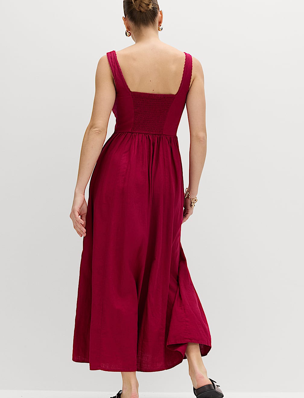 Linen Rich Scoop Neck Lace Insert Midi Waisted Dress