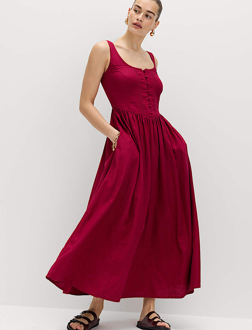 Linen Rich Scoop Neck Lace Insert Midi Waisted Dress