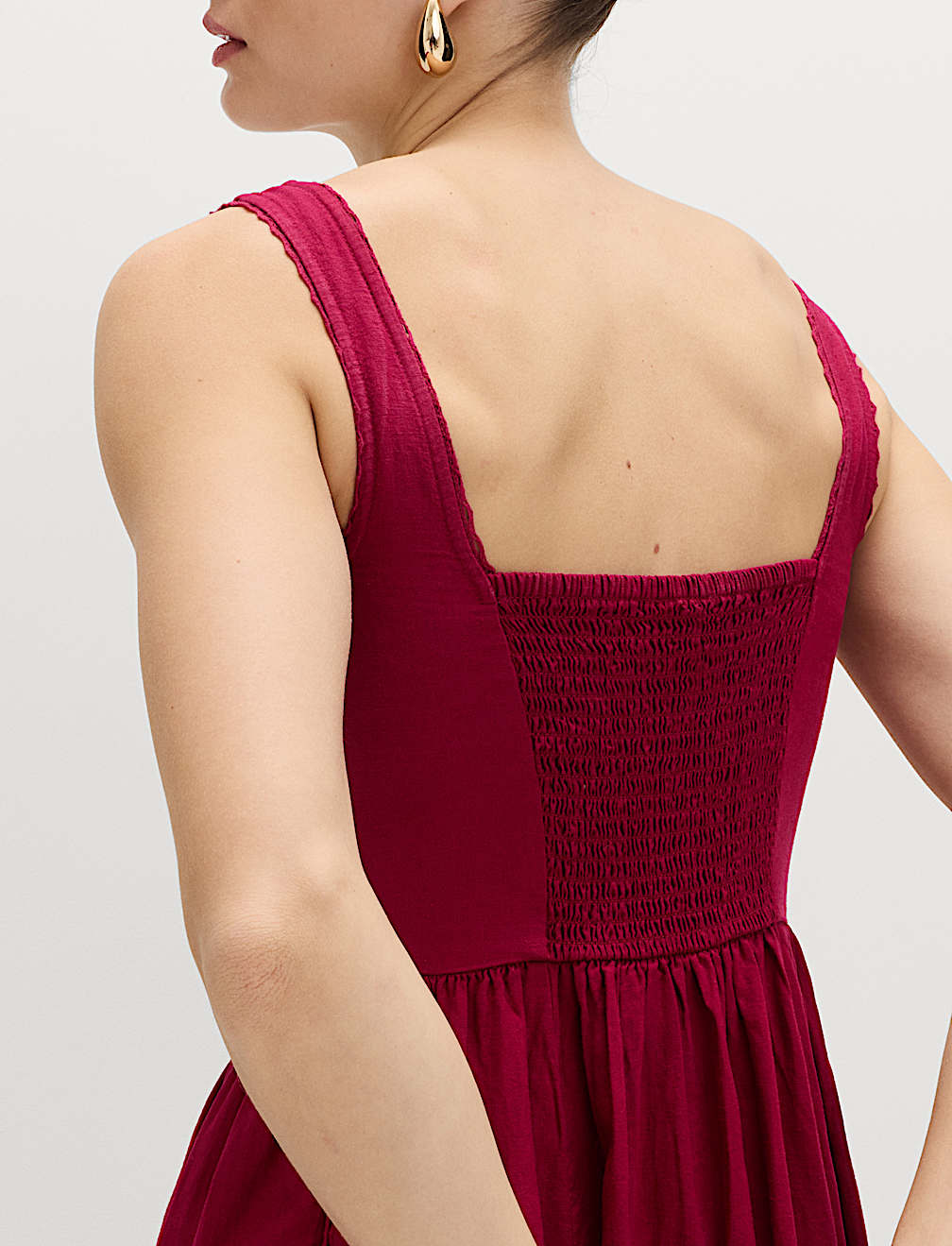 Linen Rich Scoop Neck Lace Insert Midi Waisted Dress