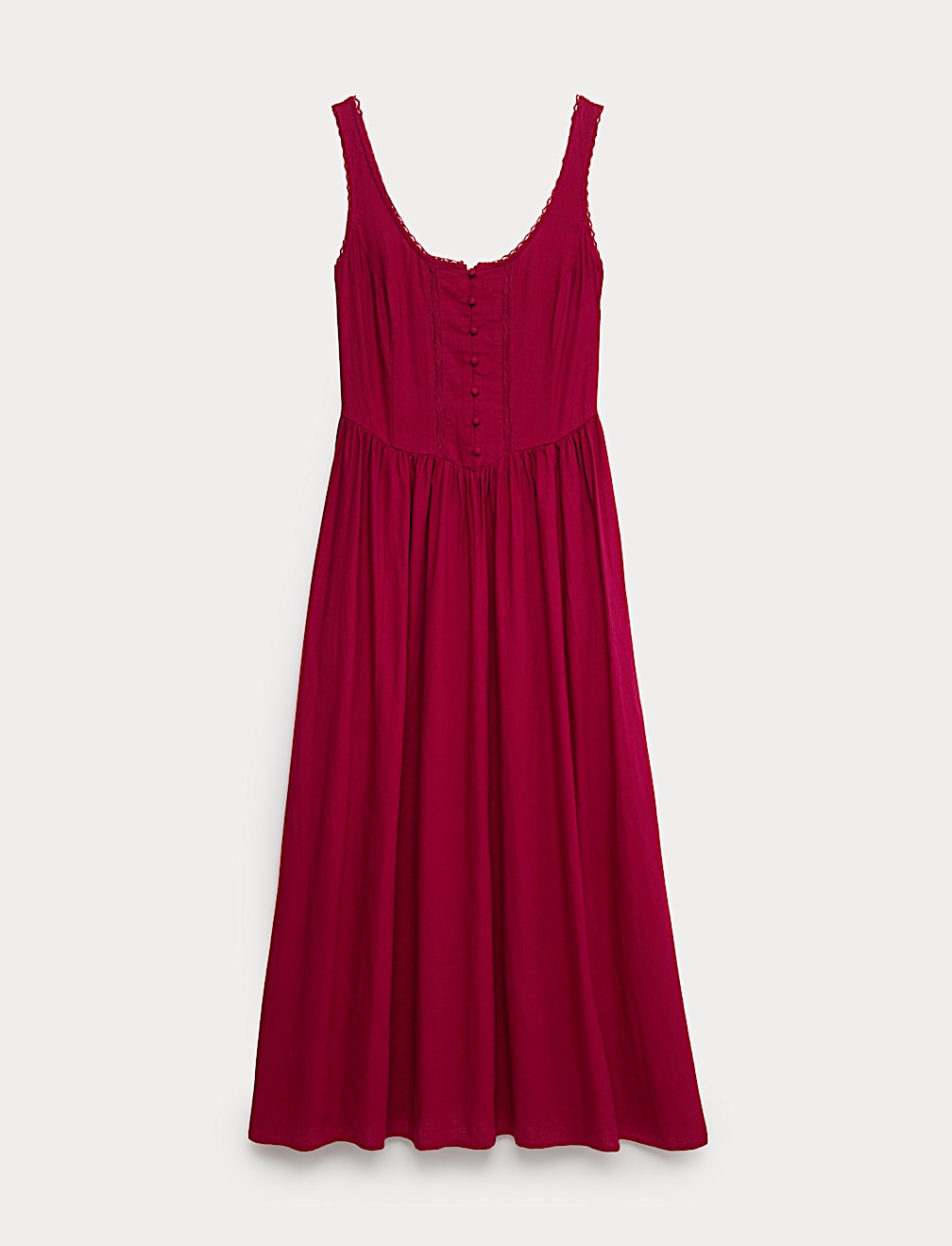 Linen Rich Scoop Neck Lace Insert Midi Waisted Dress