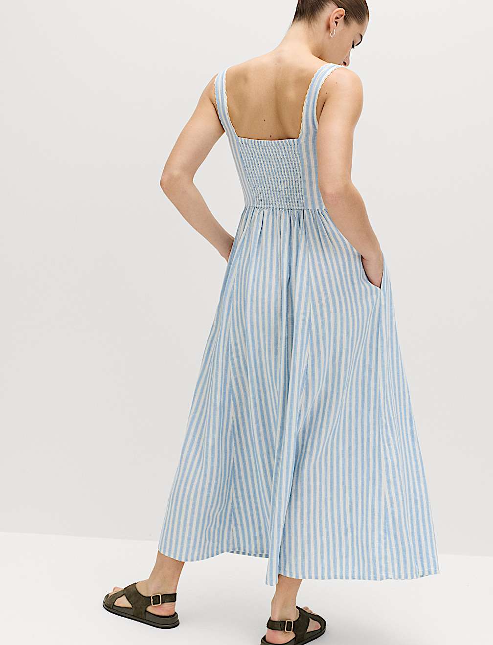 Linen Rich Lace Insert Strappy Midi Shift Dress