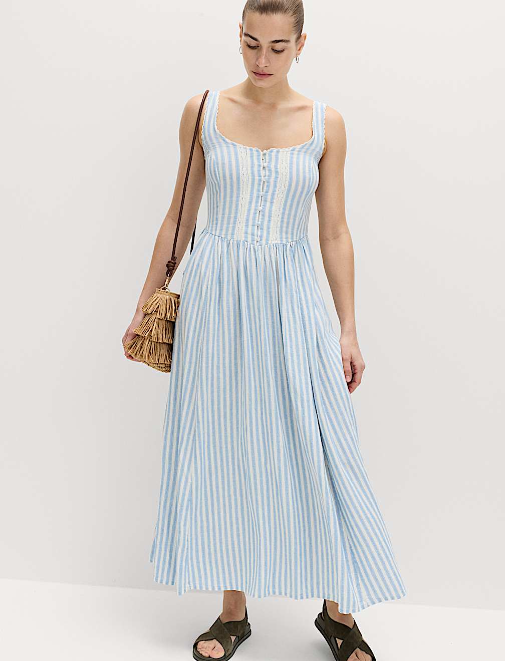 Linen Rich Lace Insert Strappy Midi Shift Dress