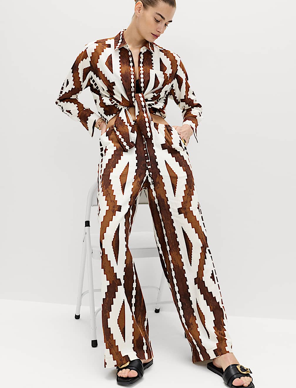 Linen Rich Geometric Drawstring Beach Trousers