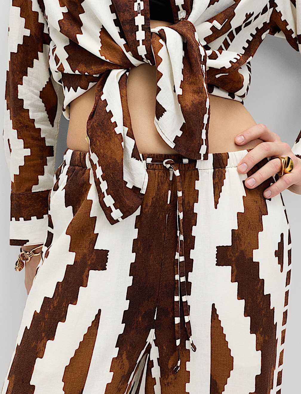 Linen Rich Geometric Drawstring Beach Trousers