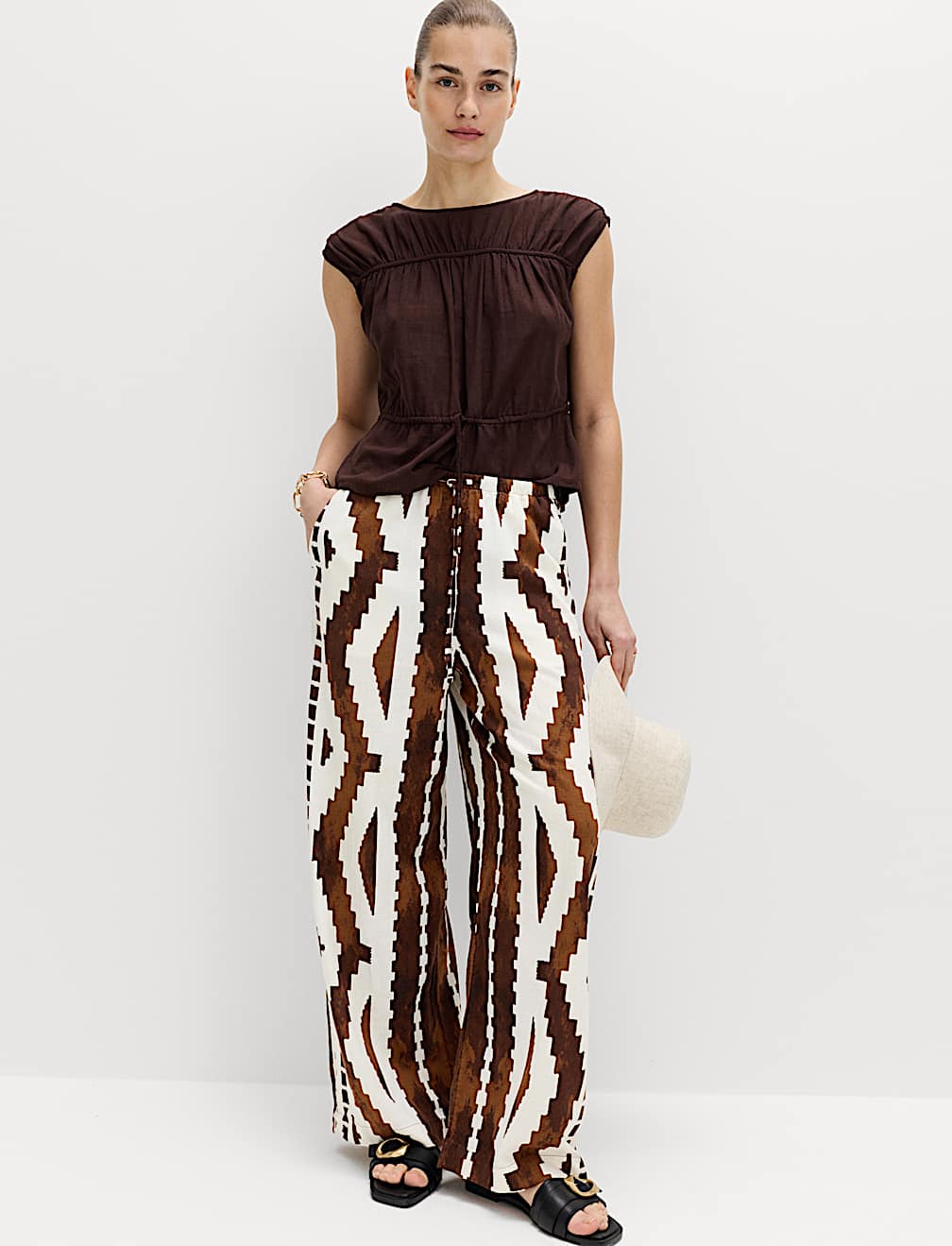 Linen Rich Geometric Drawstring Beach Trousers