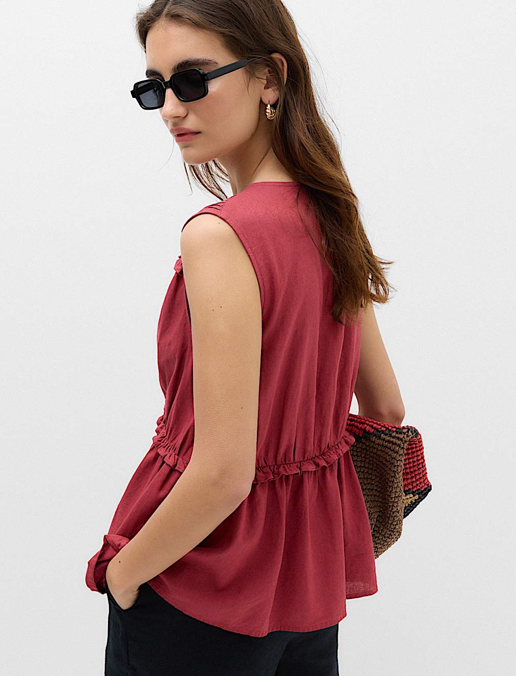 Linen Rich V-Neck Tie Detail Top