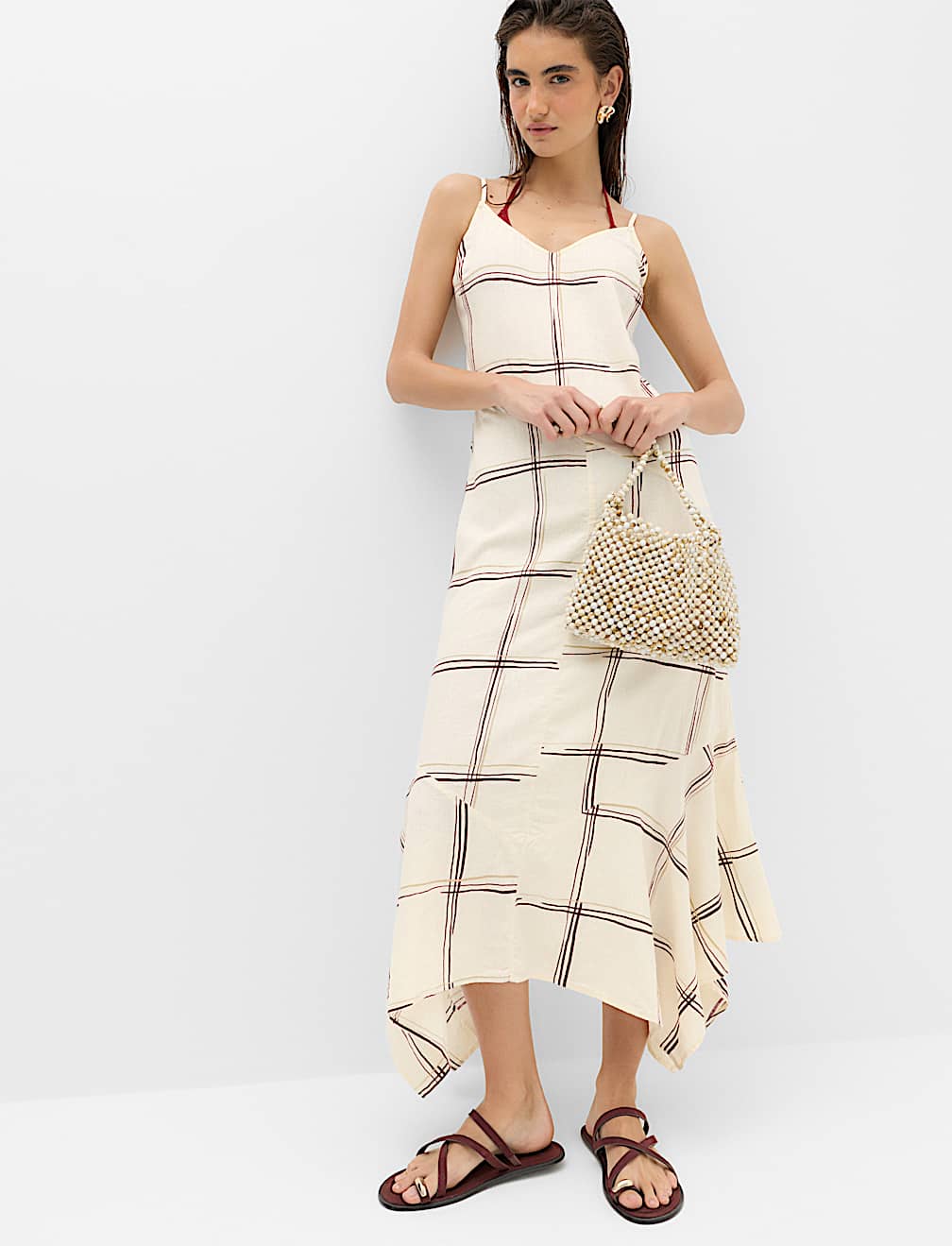 Linen Rich Printed V-Neck Hanky Hem Dress