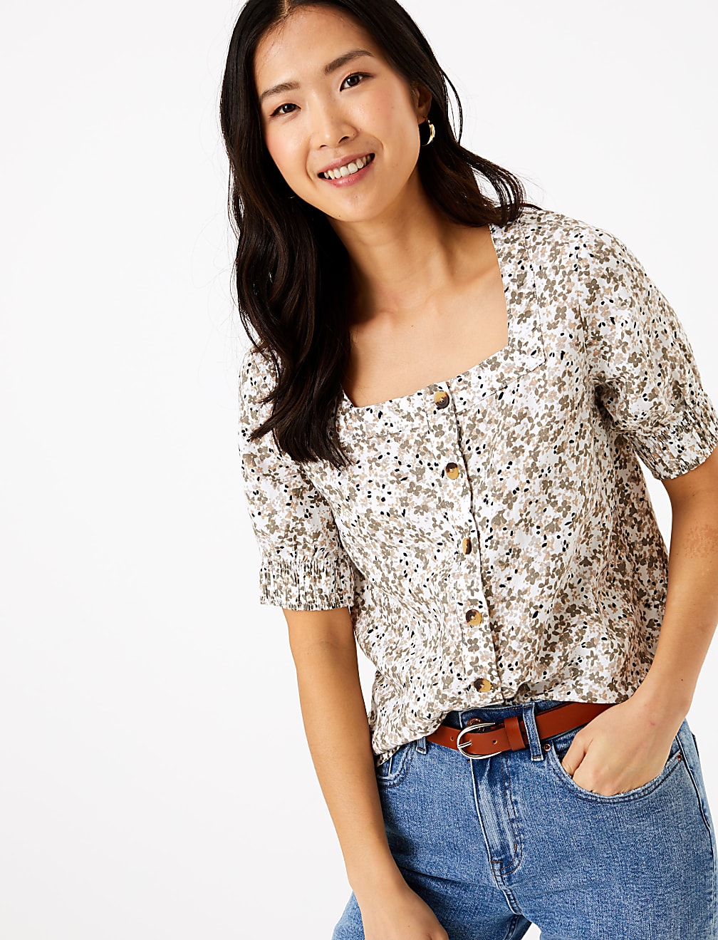Pure Linen Floral Button Detail Blouse