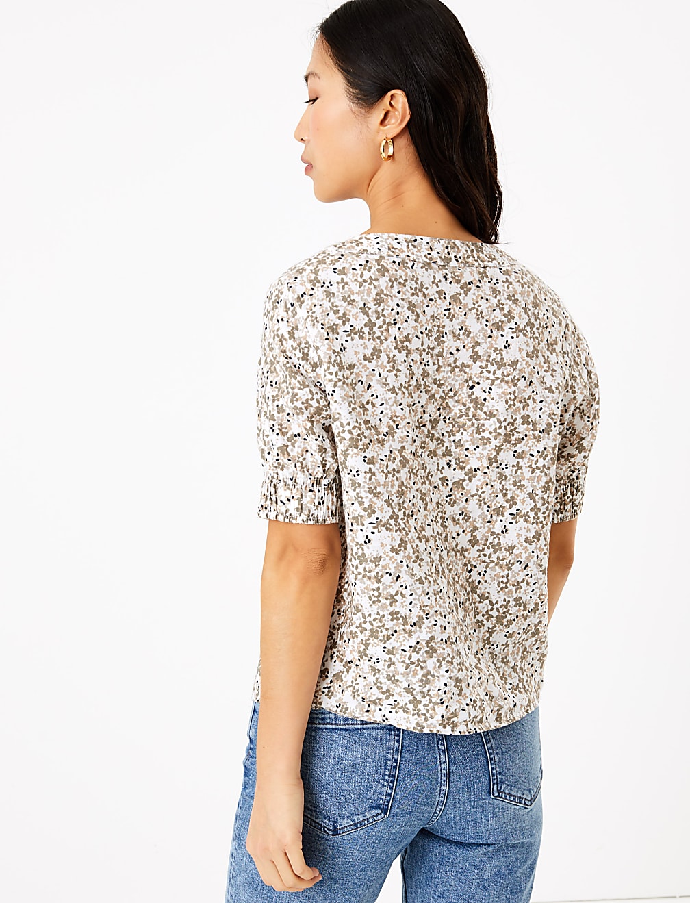 Pure Linen Floral Button Detail Blouse