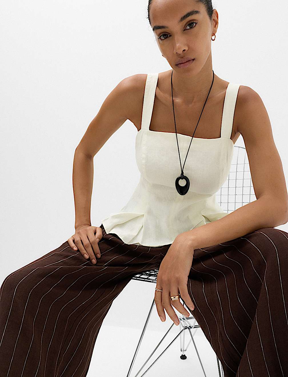 Pure Linen Square Neck Panelled Peplum Top