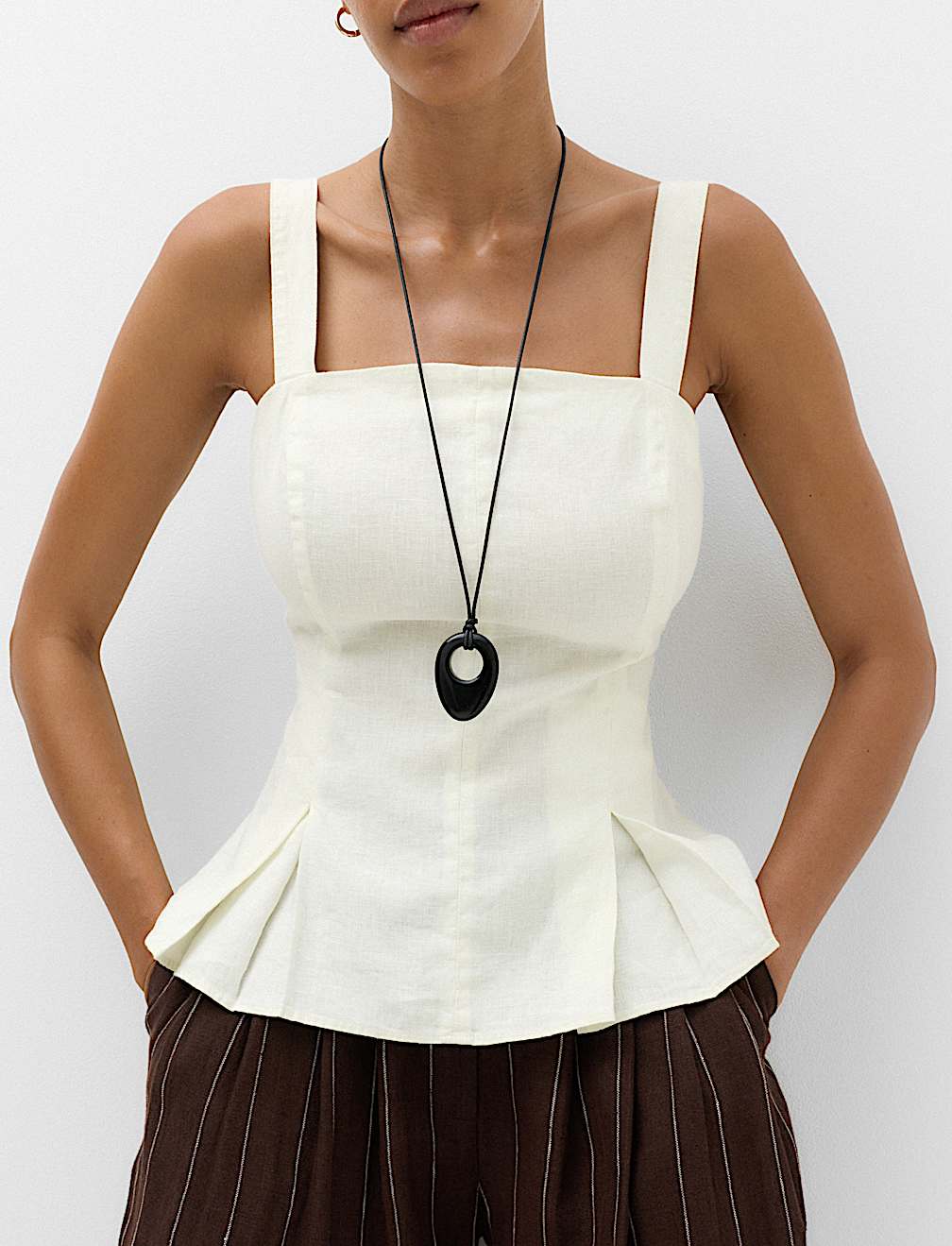 Pure Linen Square Neck Panelled Peplum Top