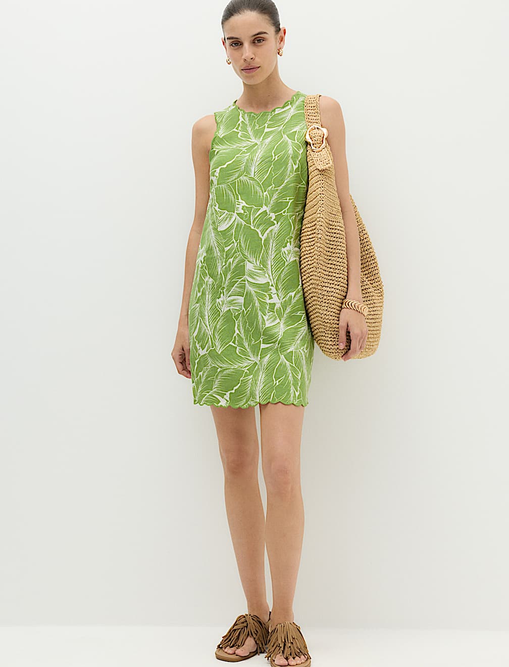 Linen Rich Printed Scallop Mini Shift Dress