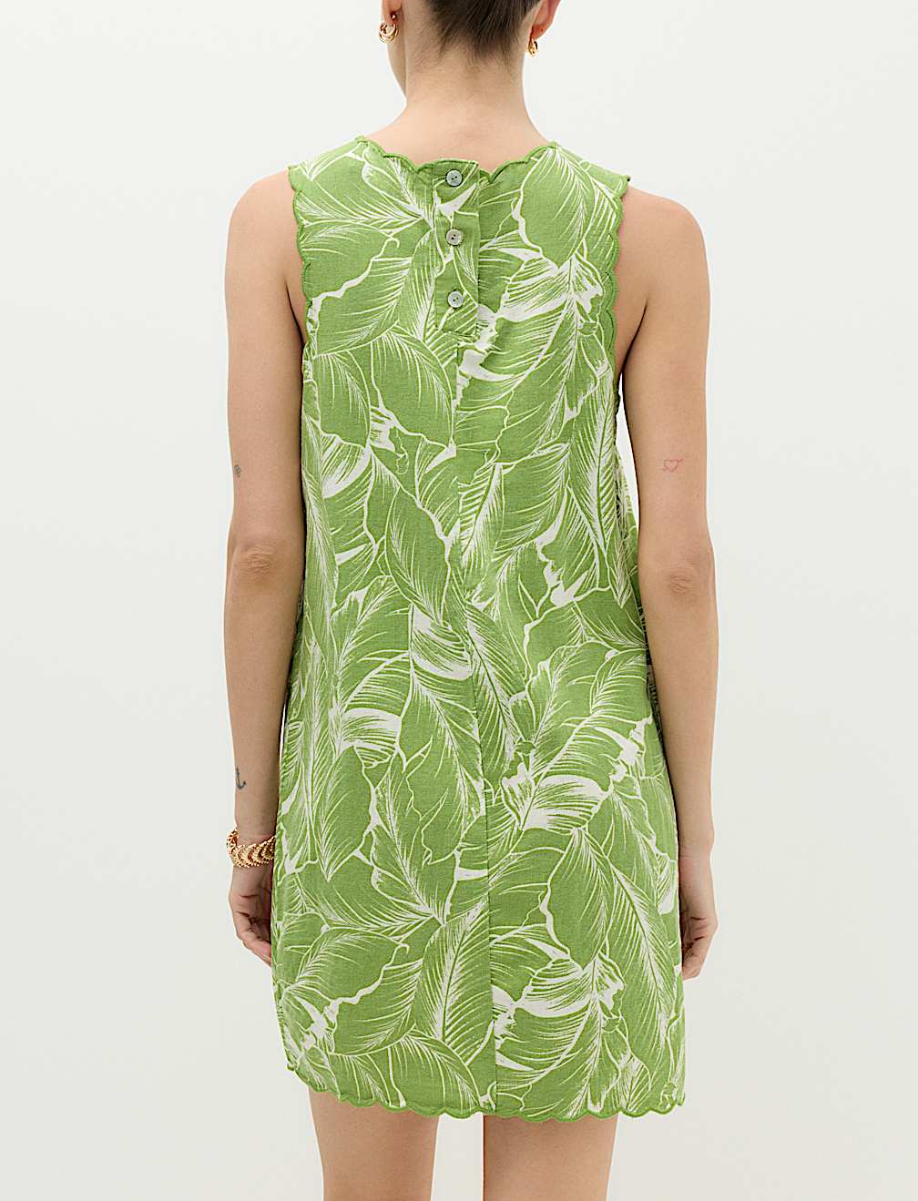 Linen Rich Printed Scallop Mini Shift Dress