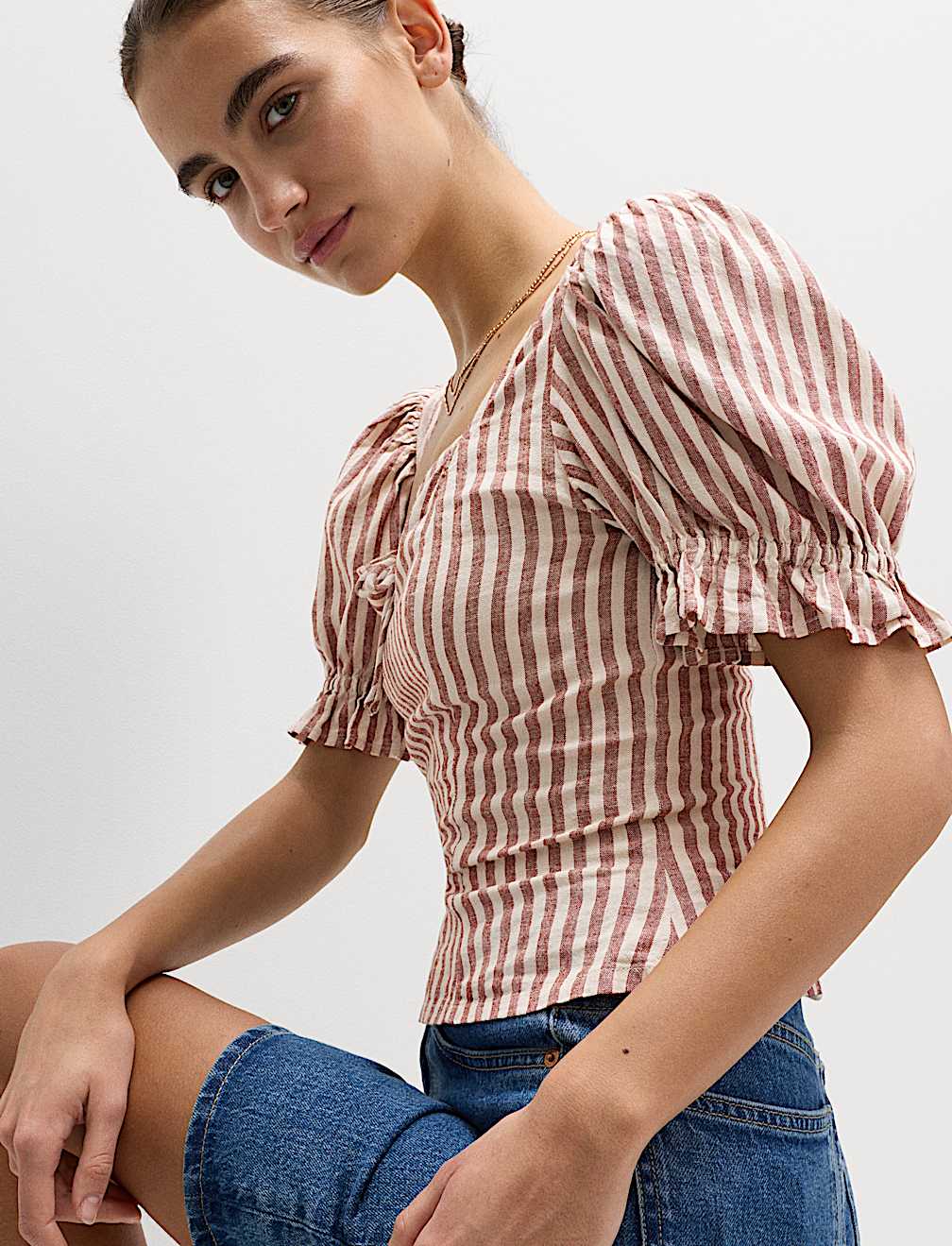 Linen Rich Printed Sweetheart Neck Top