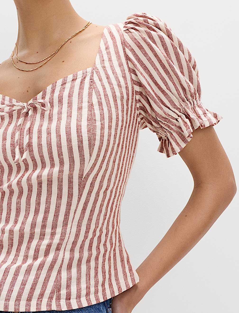 Linen Rich Printed Sweetheart Neck Top