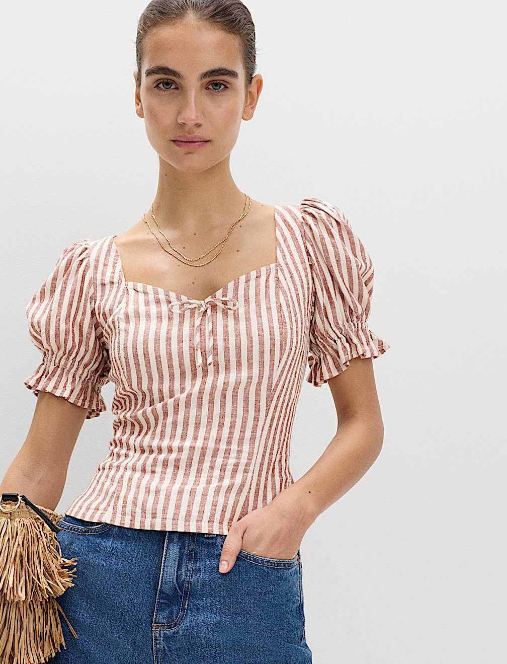 Linen Rich Printed Sweetheart Neck Top