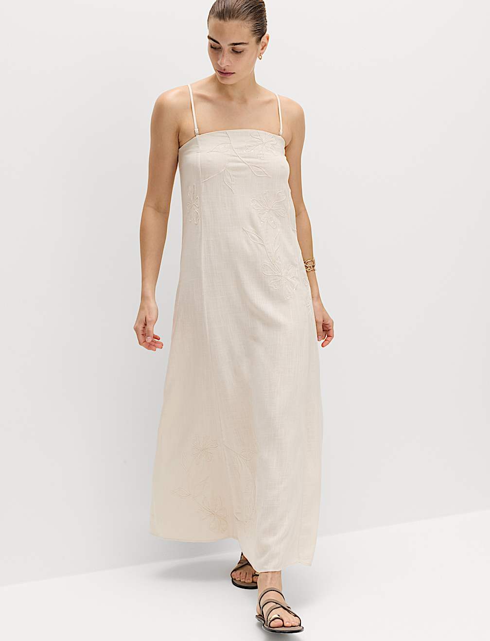 Bandeau Embroidered Dress With Linen
