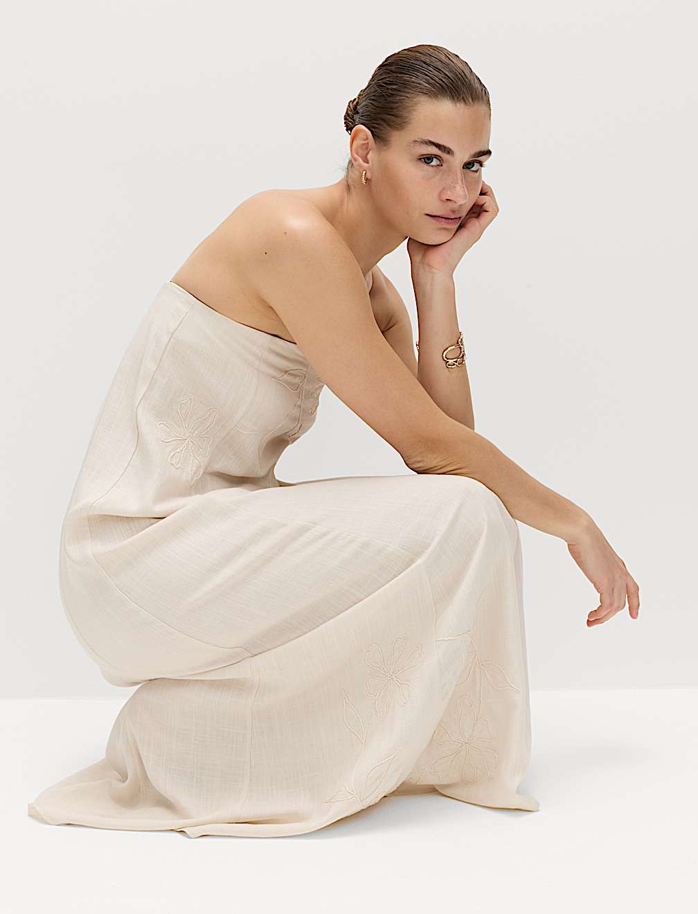 Bandeau Embroidered Dress With Linen