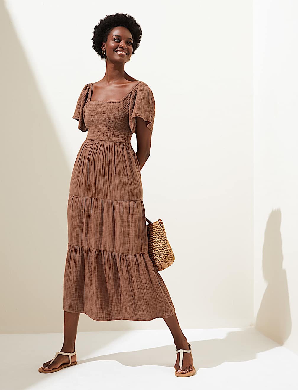 Pure Cotton Square Neck Midi Beach Dress