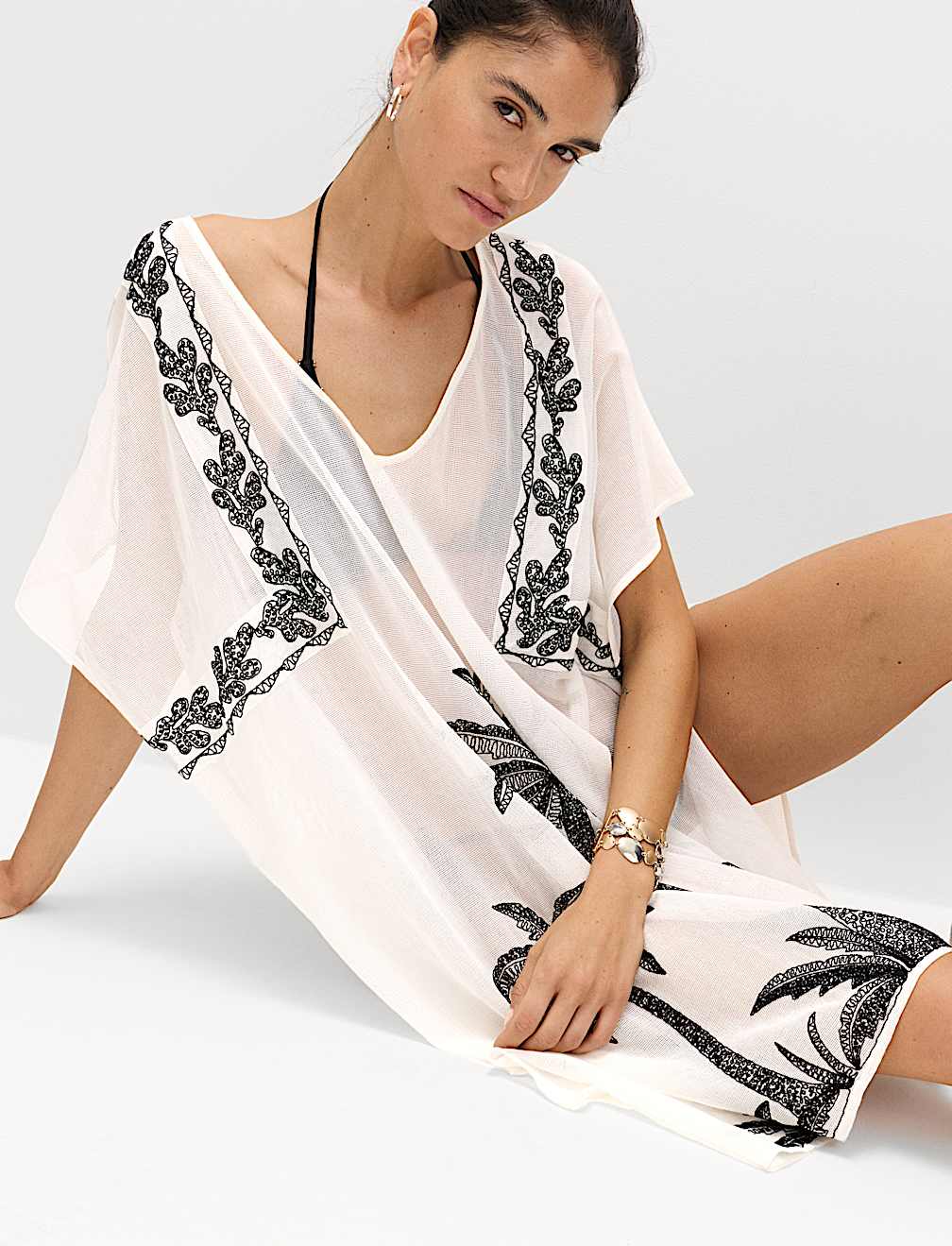 Cotton Rich Embroidered Mini Kaftan Dress