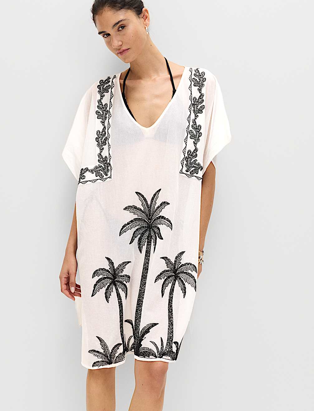 Cotton Rich Embroidered Mini Kaftan Dress