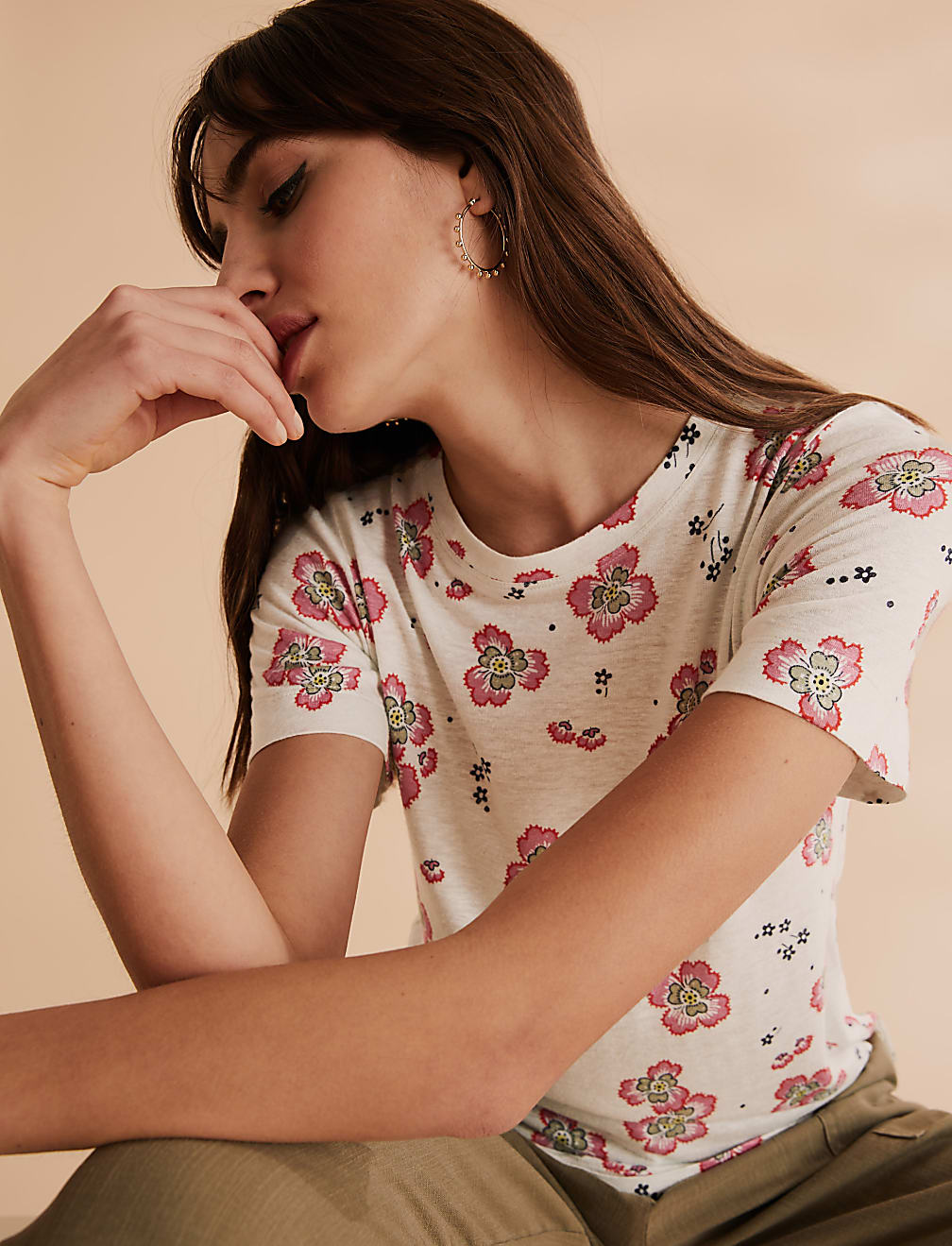 Linen Floral Crew Neck T-Shirt