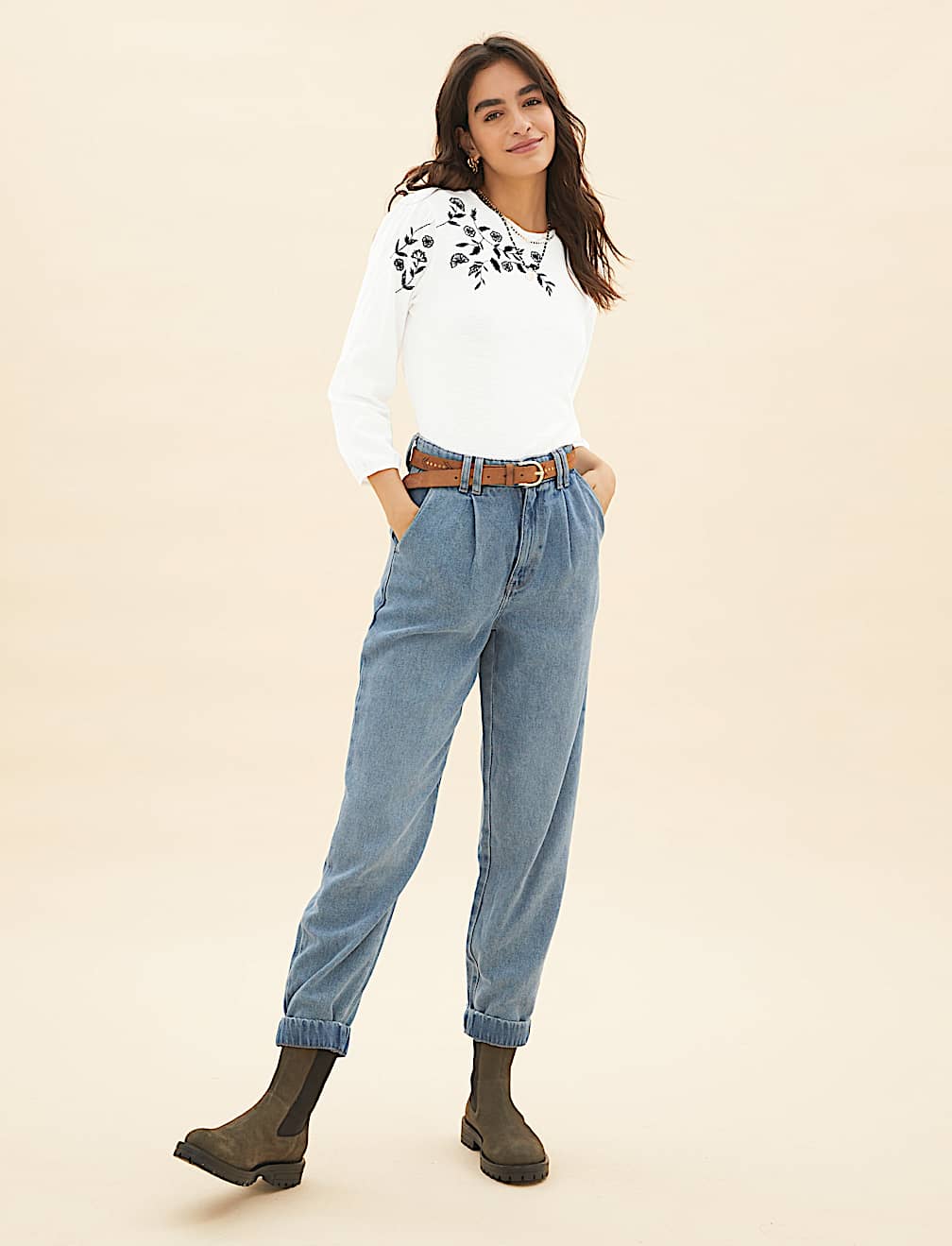 Pure Cotton Embroidered 3/4 Sleeve Top