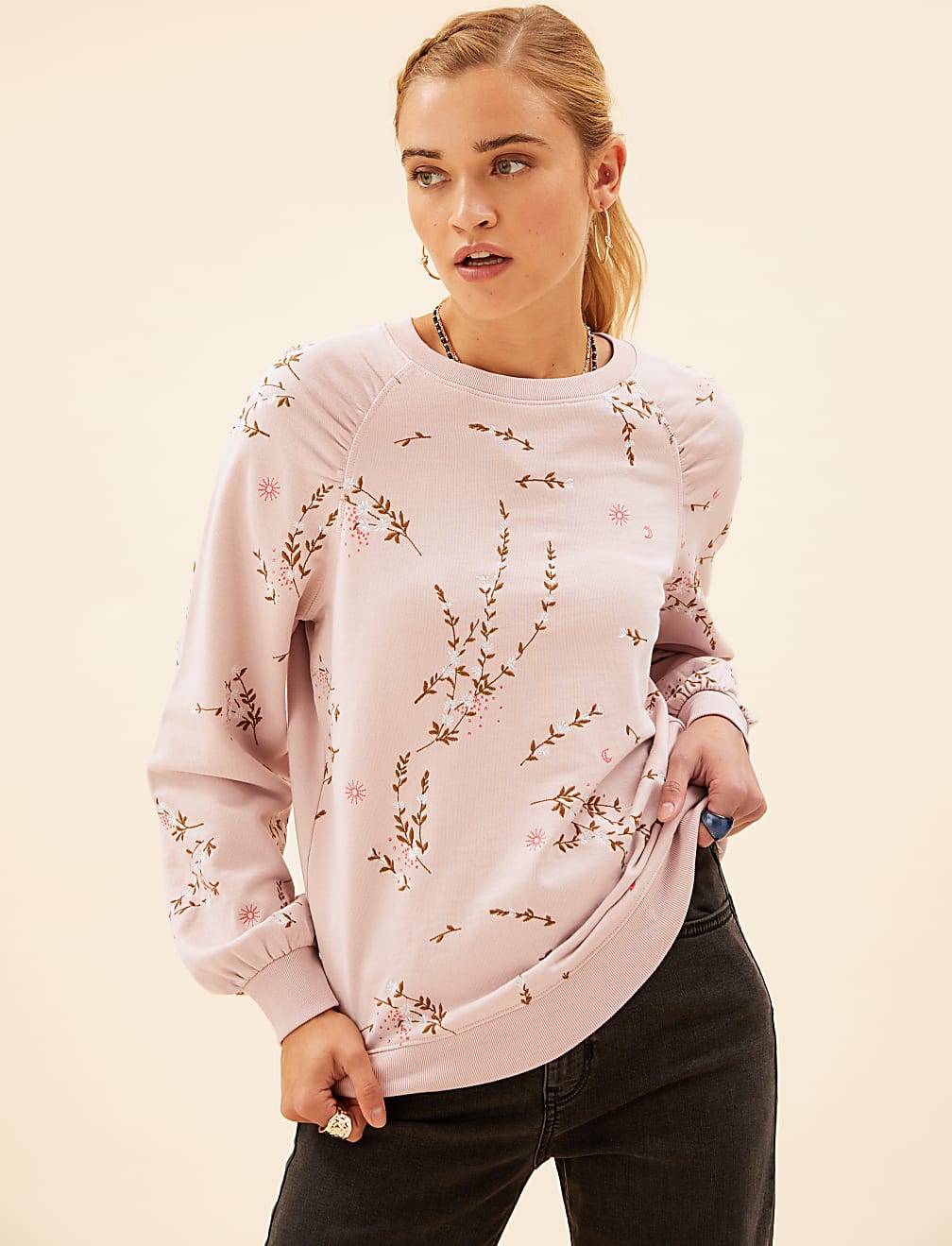 Pure Cotton Floral Embroidered Sweatshirt