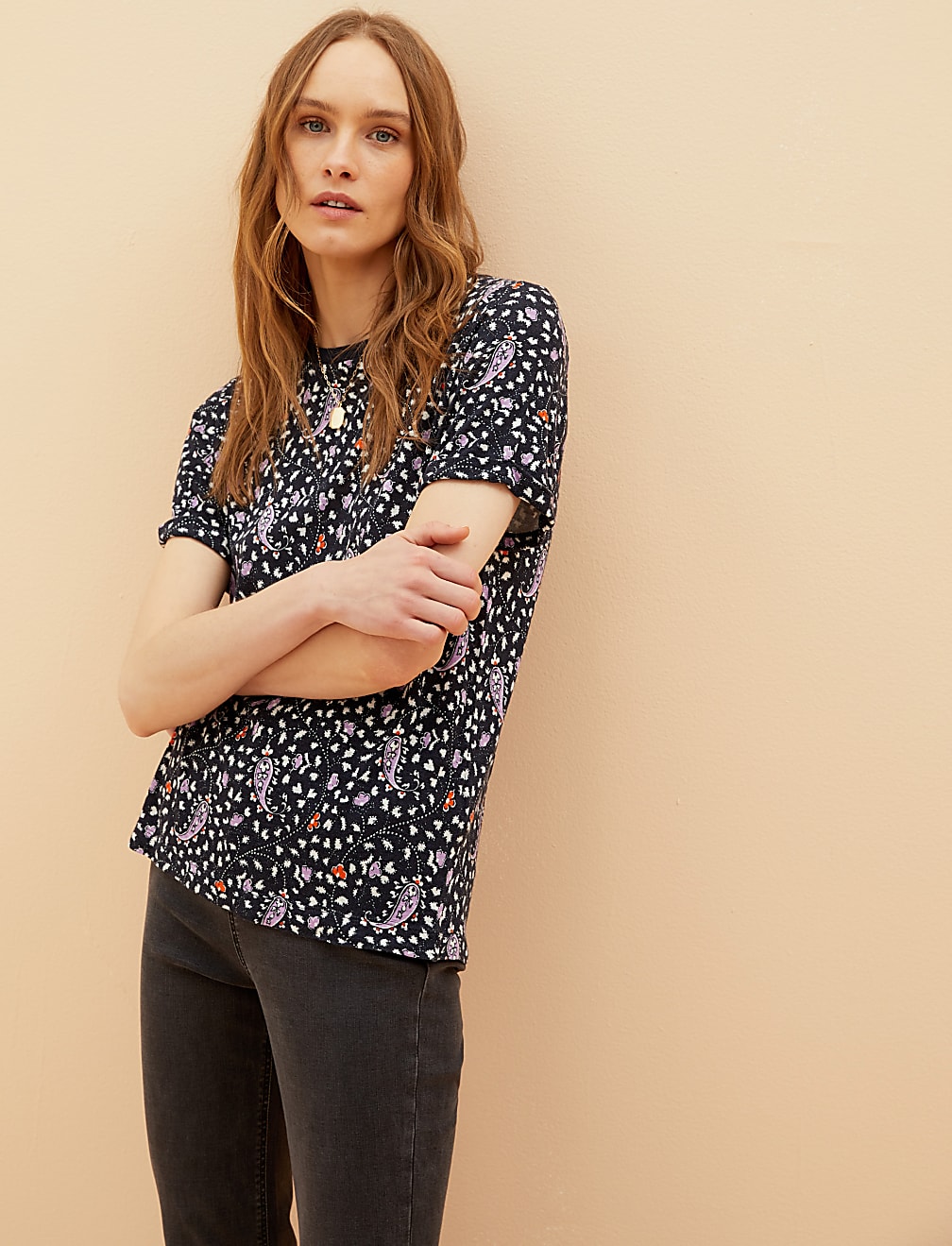 Linen Blend Paisley Crew Neck T-Shirt