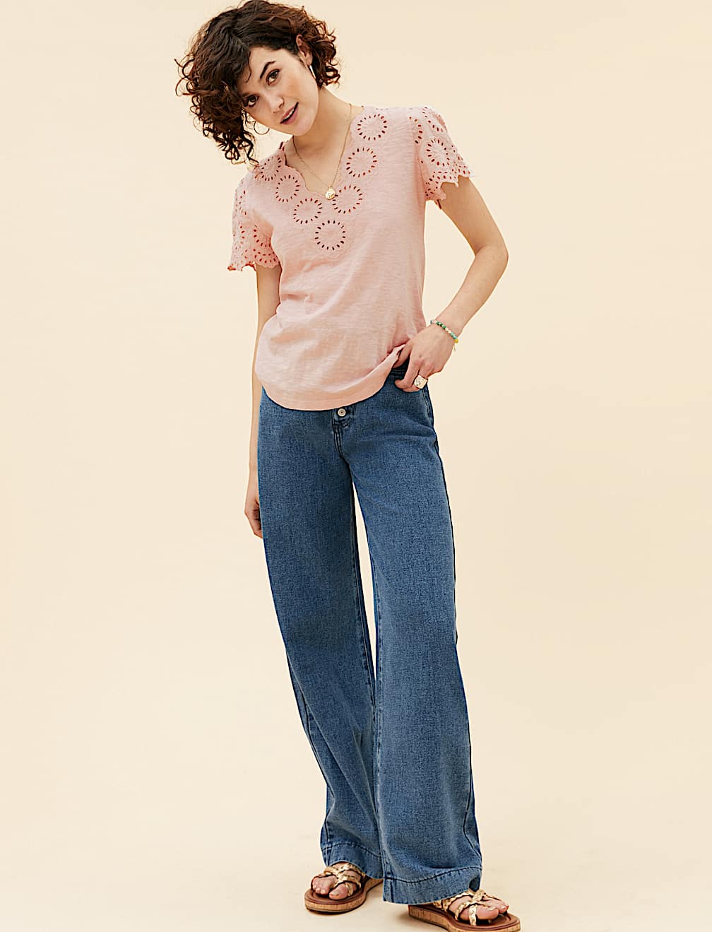 Pure Cotton Broderie V-Neck T-Shirt