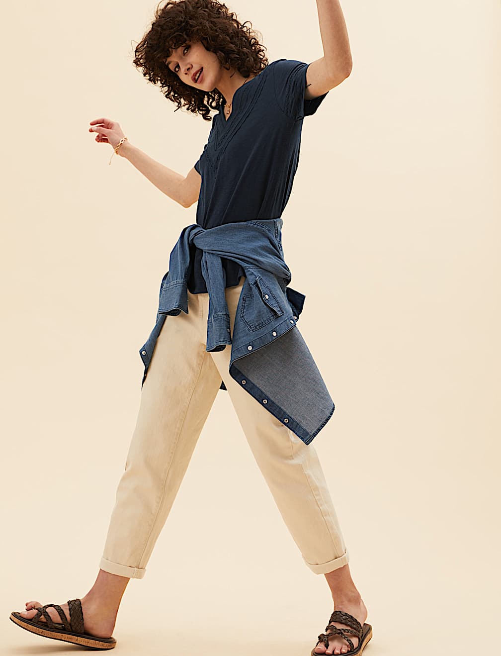 Pure Cotton V-Neck Lace Insert T-Shirt