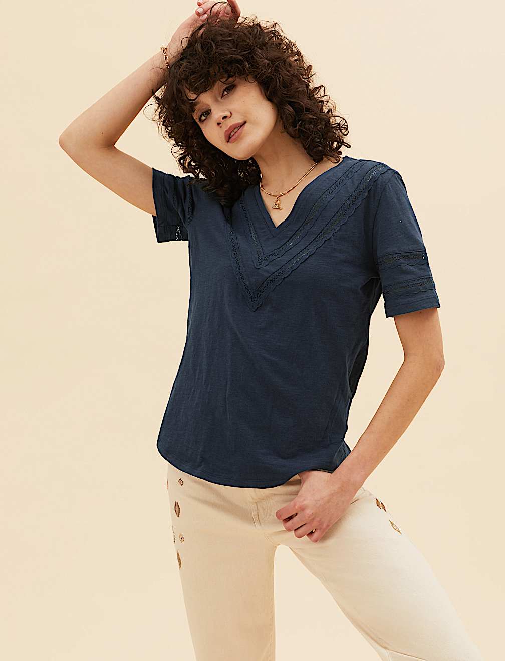 Pure Cotton V-Neck Lace Insert T-Shirt