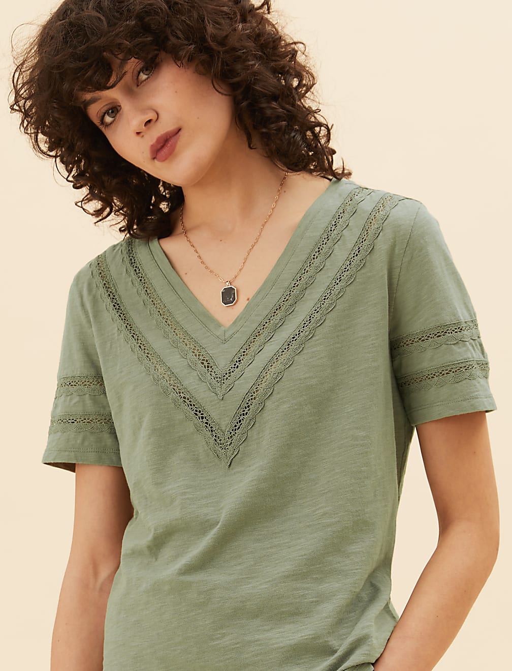 Pure Cotton V-Neck Lace Insert T-Shirt