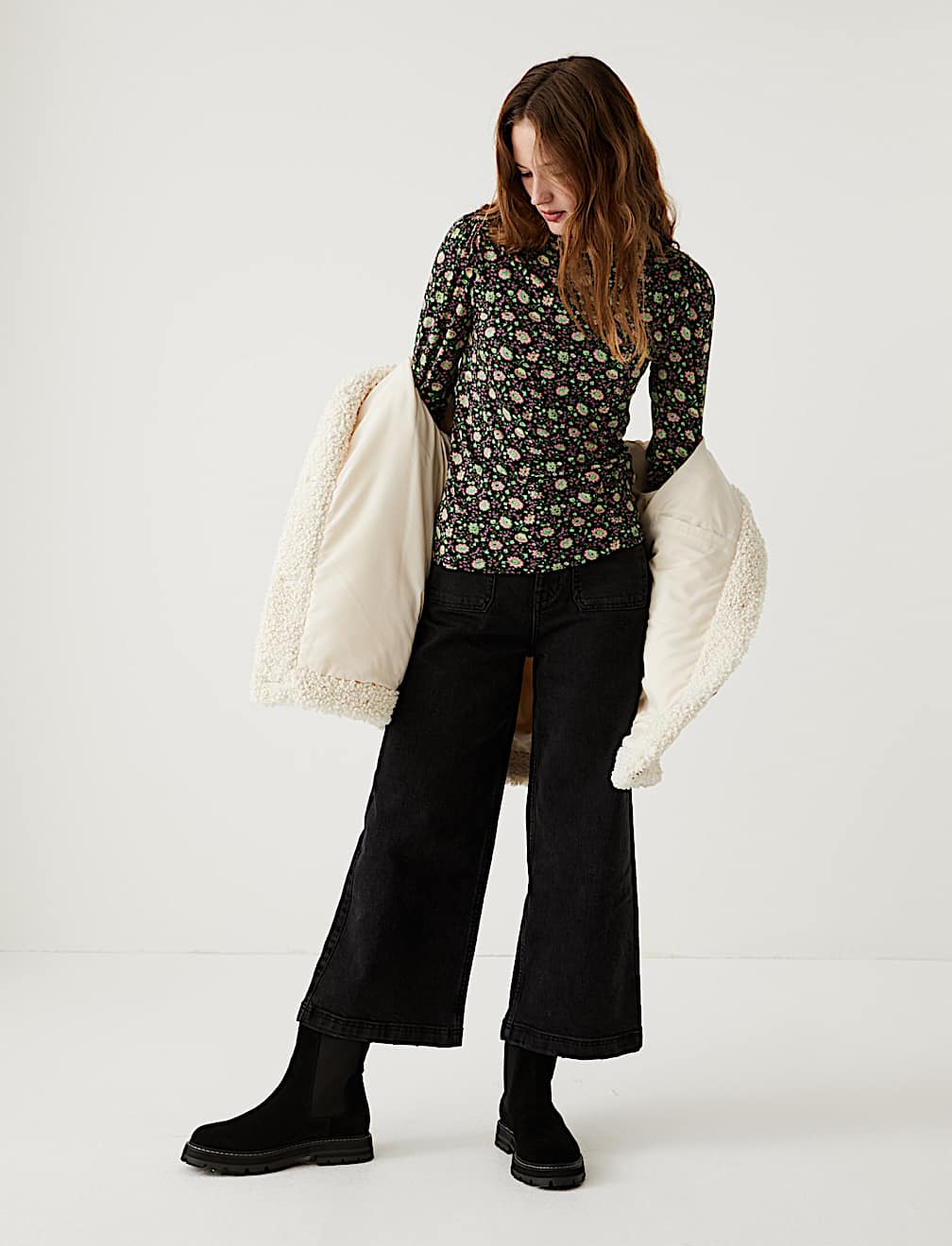 Jersey Floral Funnel Neck Long Sleeve Top