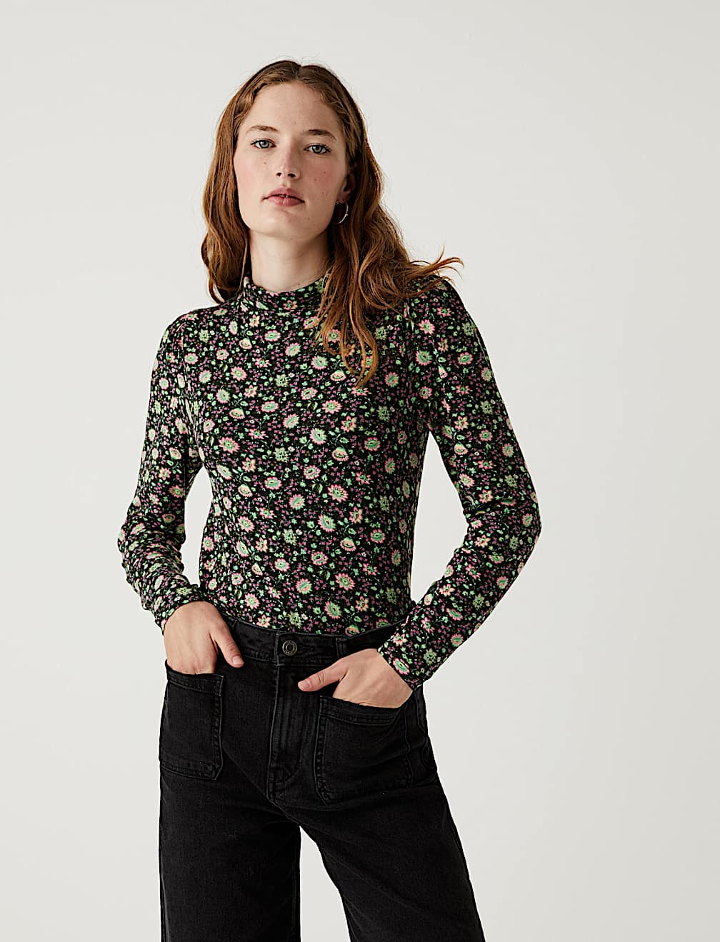 Jersey Floral Funnel Neck Long Sleeve Top