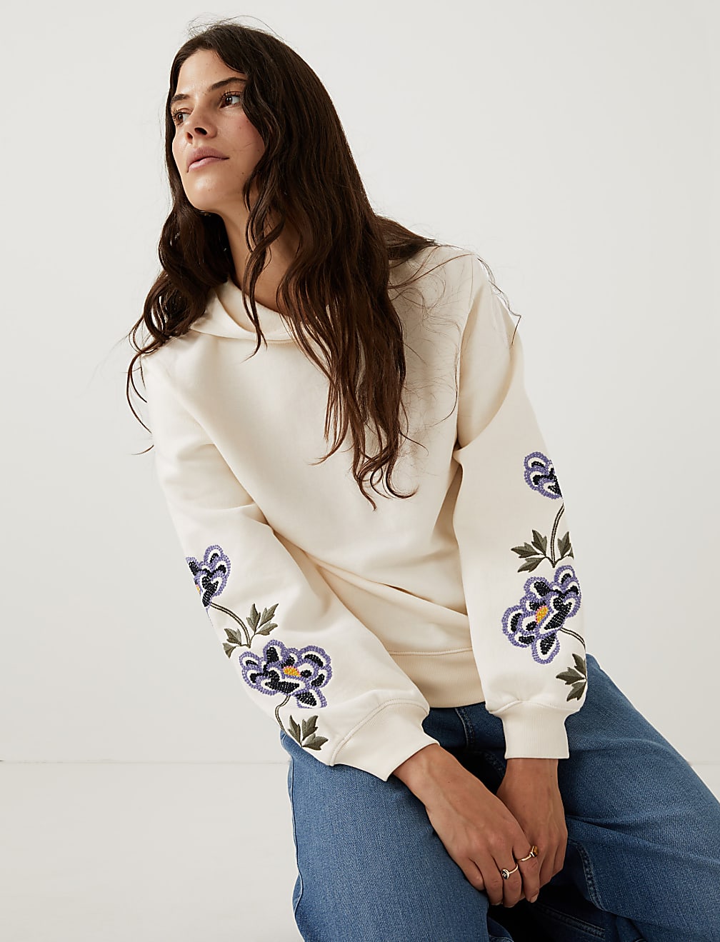 Buy Cotton Rich Floral Embroidered Hoodie at Marks Spencer