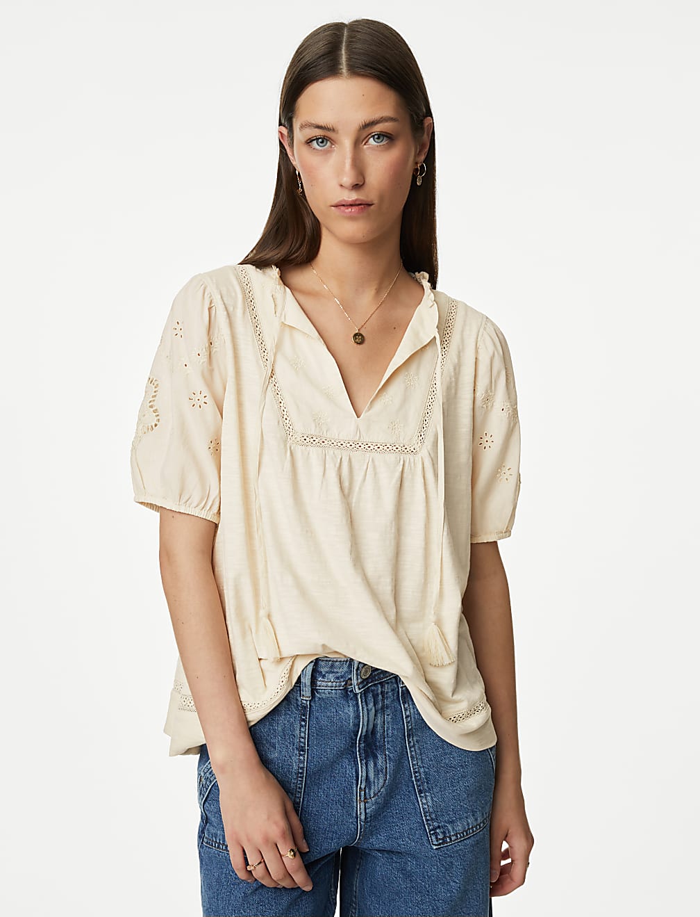 Pure Cotton Broderie Puff Sleeve Top
