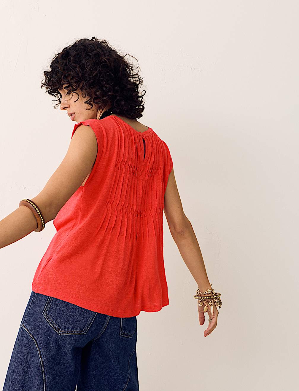 Linen Blend Pleat Yoke Top