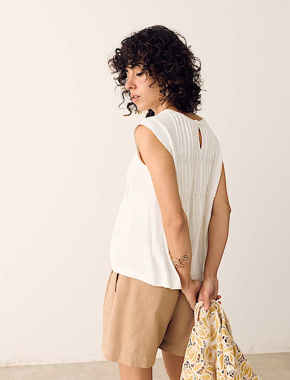 Linen Blend Pleat Yoke Top