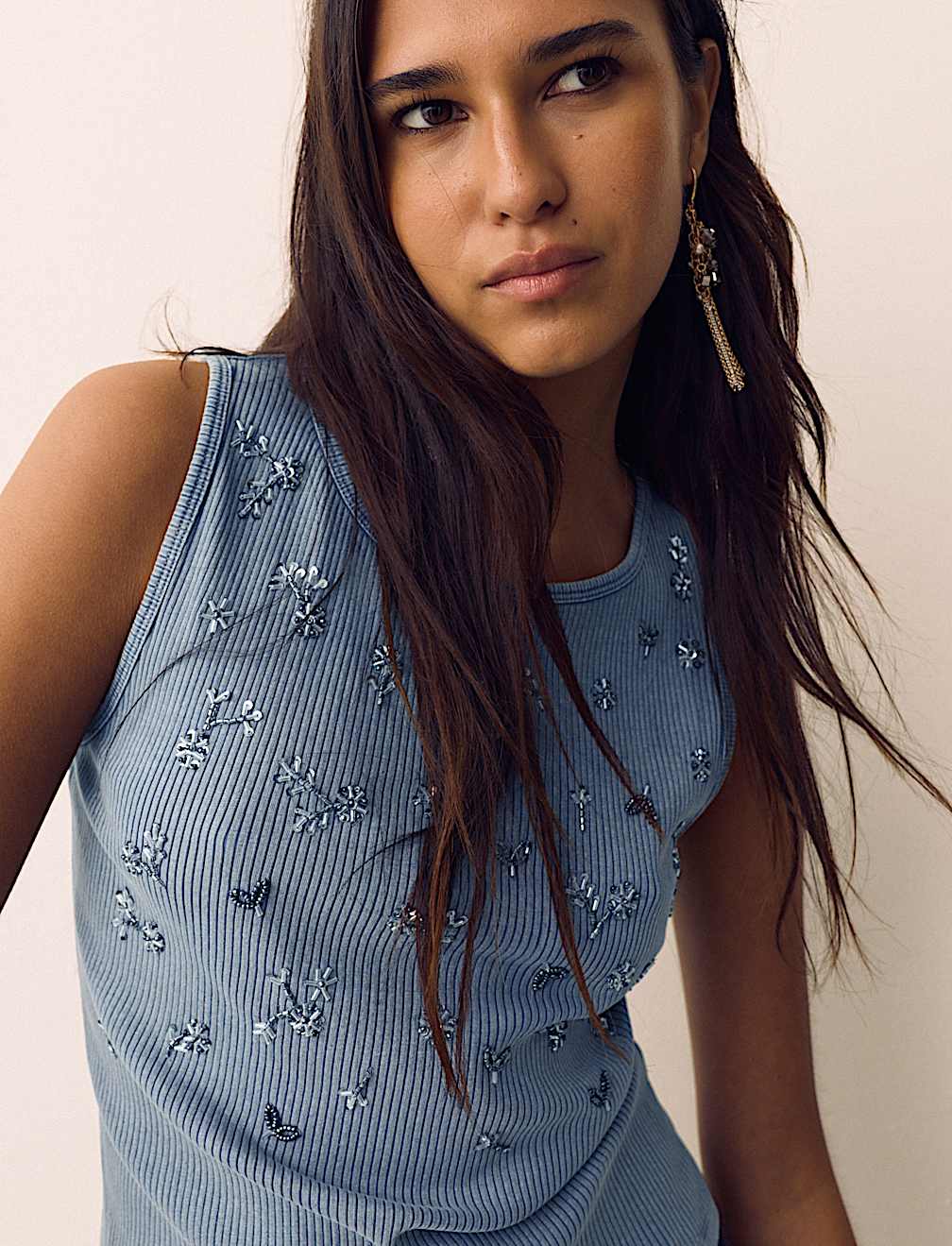 Cotton Rich Jersey Ribbed Embellished Vest