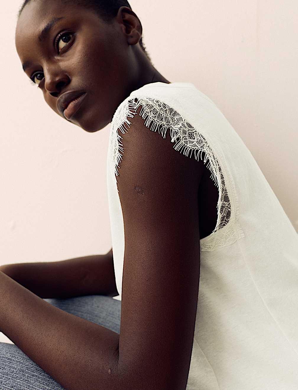 Cotton Rich Lace Trim Tank Top With Linen