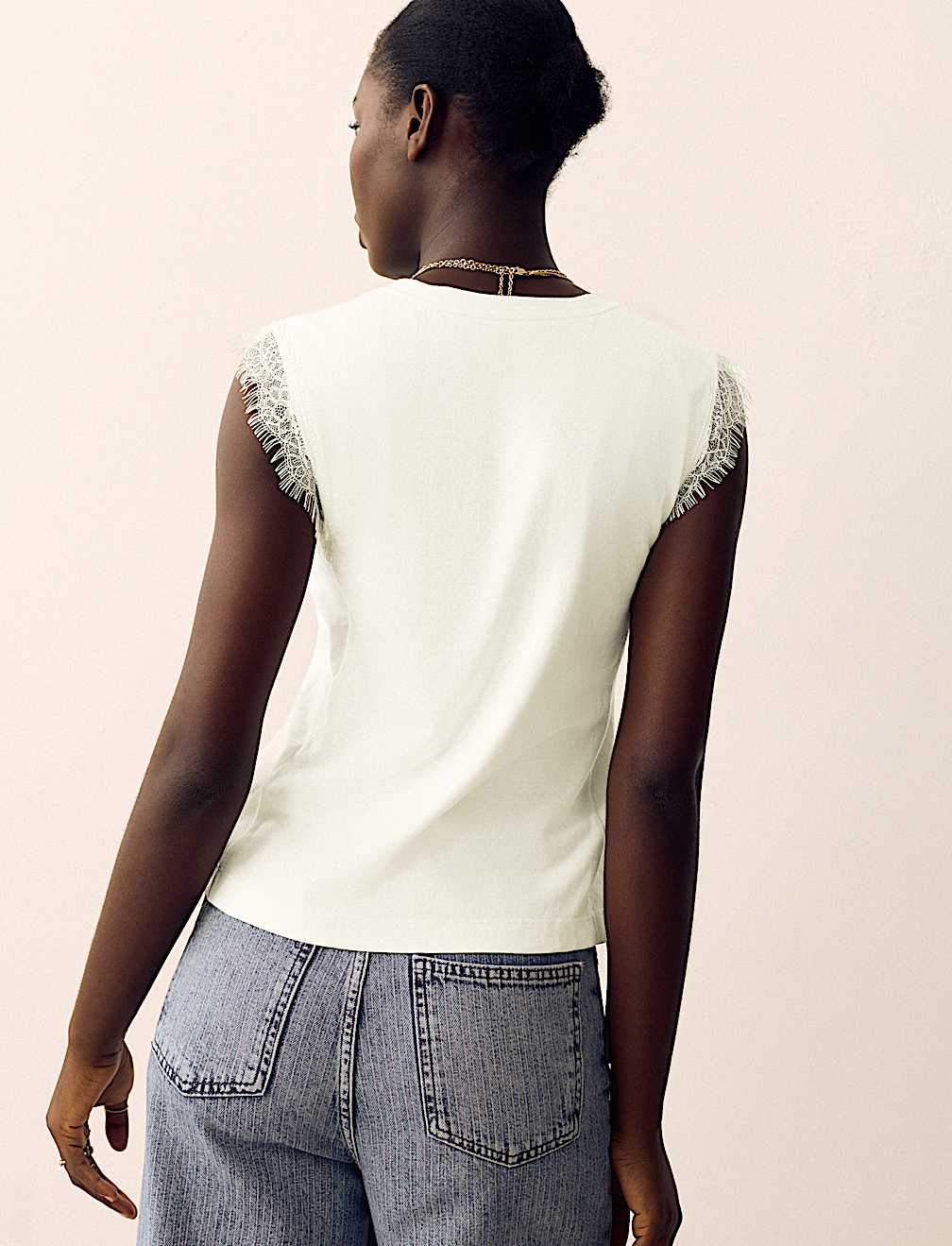 Cotton Rich Lace Trim Tank Top With Linen
