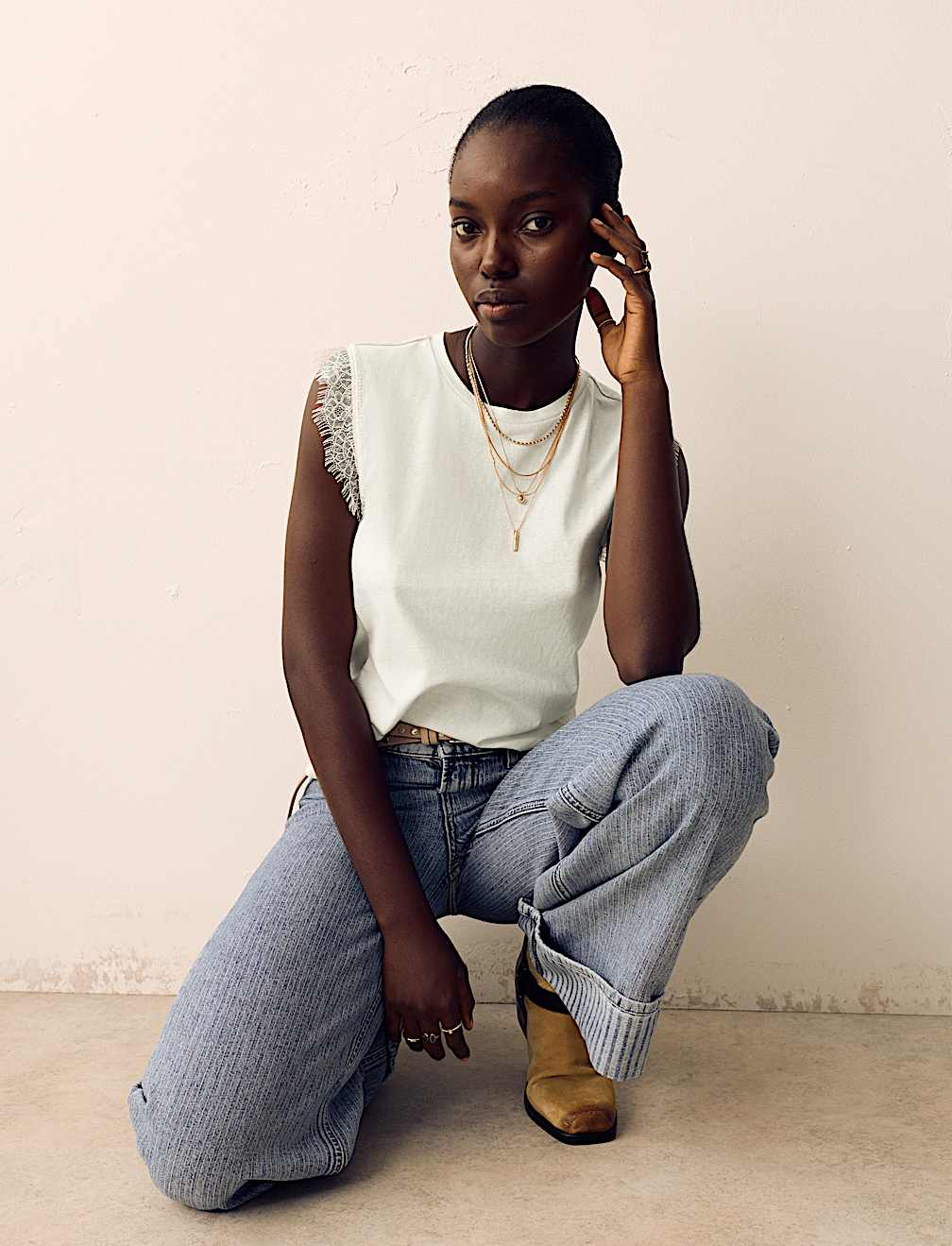 Cotton Rich Lace Trim Tank Top With Linen